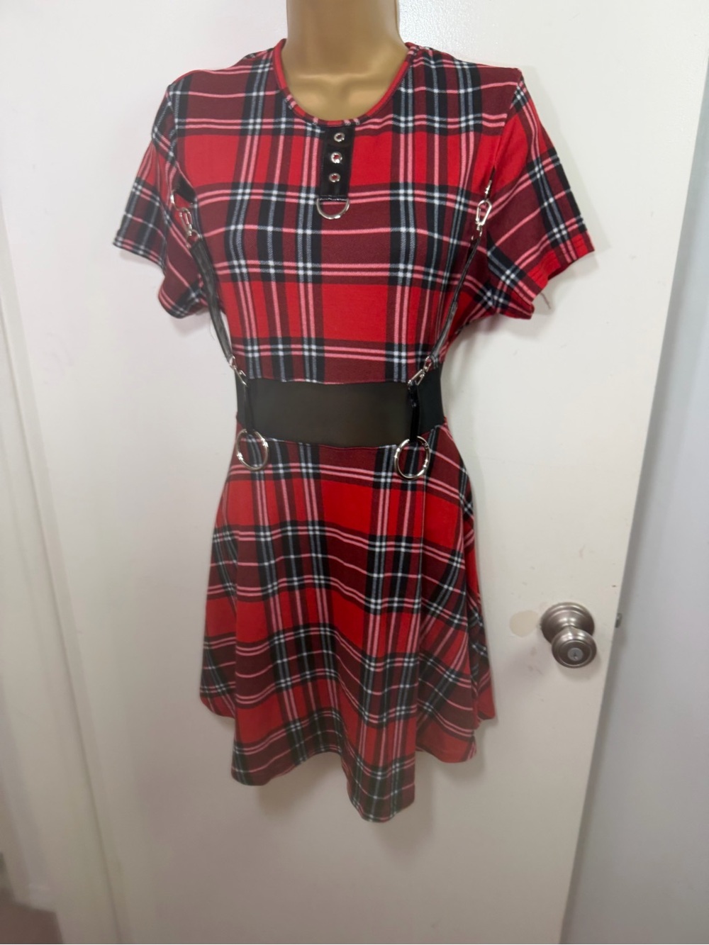 Devil Fashion X Dolls Kill Red Plaid Mesh Goth Punk Harness Dress S *NO CHAIN* - Picture 2 of 16